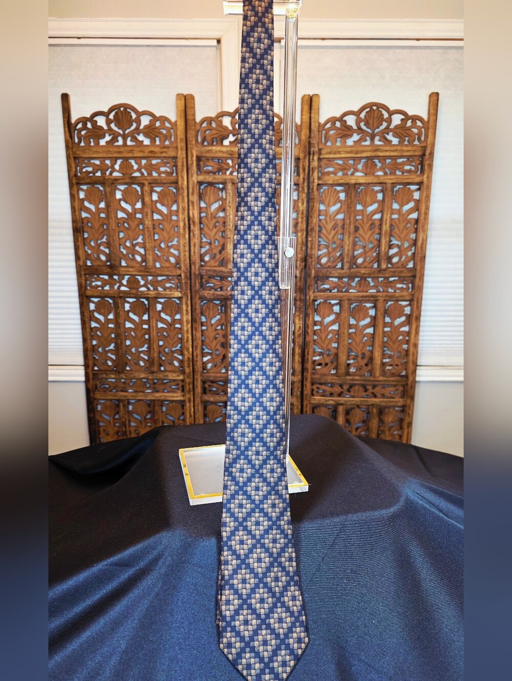 Hermes Vintage 1990's  Navy and Cream Geometric Mosiac/Check Silk Tie